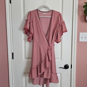 Max Studio Ruffle Floral Wrap Dress Red White Blue Women's Size Large